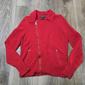 Women's RALPH LAUREN Cotton Knit Sweater SZ Large‎ Red Gold Asymmetrical Zip